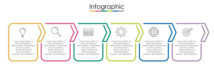 Vector infographic template with six steps or options. Illustration presentation with line elements icons.  Business concept design can be used for web, brochure, diagram