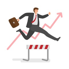 Businessman jumping over hurdles in race for the success. Concept of business challenge, successful overcoming. Vector illustration.