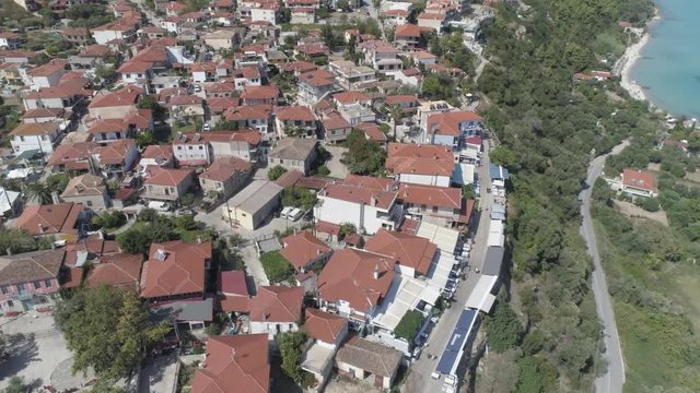 Aerial view of Afitos - traditional village in Kassandra, Halkidiki. Greece. 4K