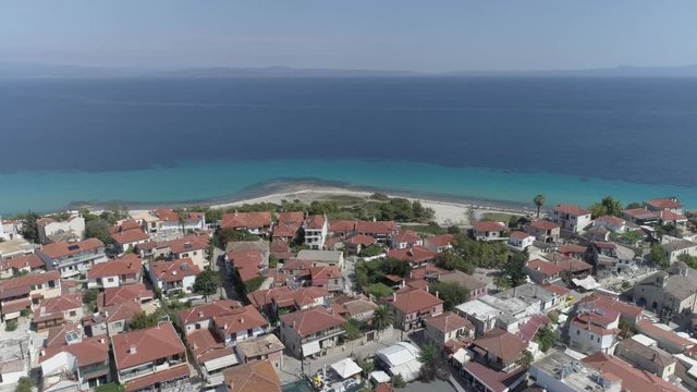Aerial view of Afitos - traditional village in Kassandra, Halkidiki. Greece. 4K