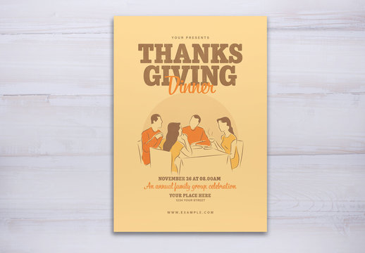 Thanksgiving Event Flyer Layout with Dinnertable Scene Illustration