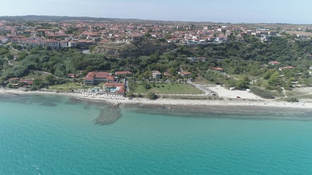 Aerial view of Afitos - traditional village in Kassandra, Halkidiki. Greece. 4K