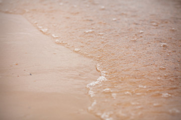 Background with beach and water. Transparent wave on a yellow beach. Wild beach, beach vacation concept with copy space