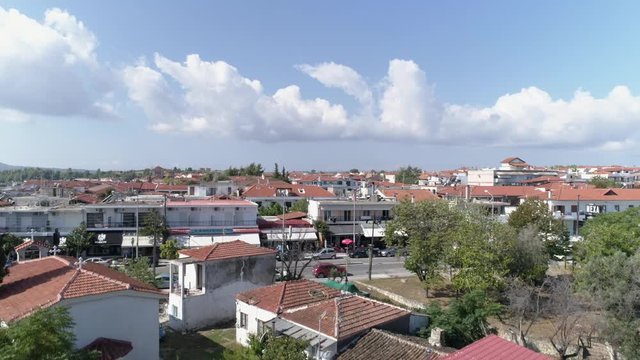 Aerial view of Kallithea village. During the summer, Kallithea is the most popular village in Halkidiki, Greece. 4K
