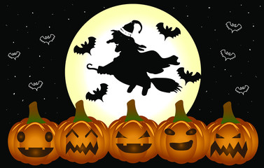 Halloween pumpkins , bats and a witch under the moonlight vector