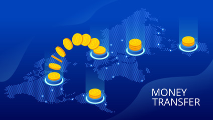 Isometric money transfer online. Money wallet and financial savings transfer or pay transaction concept.