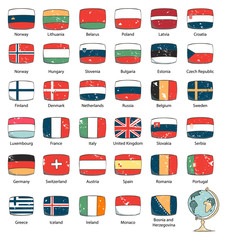 Set European flags. Cartoon icon. Hand drawn collection flags. Grunge style vector. Europe flag countrys