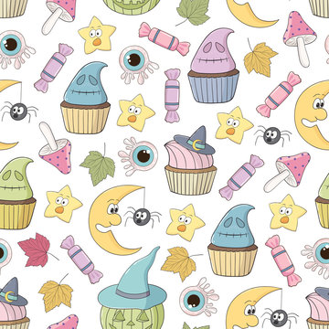 Vector seamless pattern with different funny objects, spider, bat, cake, moon, and web. Good for halloween packing, prints and textile production