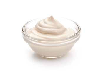 Bowl of sour cream, isolated on white background - obrazy, fototapety, plakaty