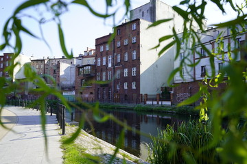 Bydgoszcz, Poland - September 2019: View of the city water canal of the Brda River in the city...