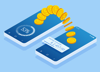 Isometric money transfer online. Money wallet and financial savings transfer or pay transaction concept. - obrazy, fototapety, plakaty