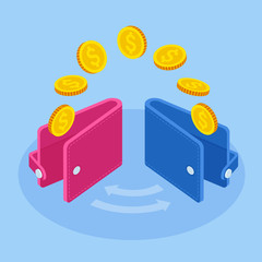 Isometric money transfer online. Money wallet and financial savings transfer or pay transaction concept.