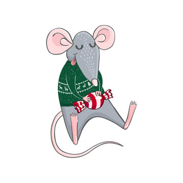 Colorful illustration of rat wear Christmas sweater. New year and Christmas character. Can be used for as elemets for your design for greeting cards, calendars, prints