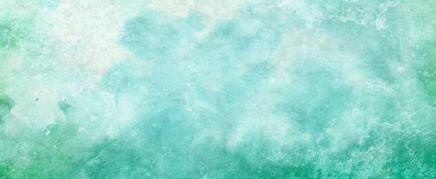 Blue green watercolor paint splash or blotch background with fringe bleed wash and bloom design, blobs of paint and old vintage watercolor paper texture grain © Arlenta Apostrophe