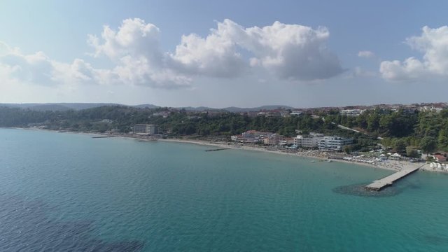 Aerial view of Kallithea village. During the summer, Kallithea is the most popular village in Halkidiki, Greece. 4K