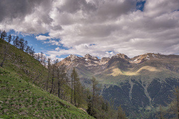 Landscapes of the French Alps, mountains, peaks, approximately 1,500 meters above sea level. Cote d'Azur, near the ski town of Col de Turini (Le col de Turini)