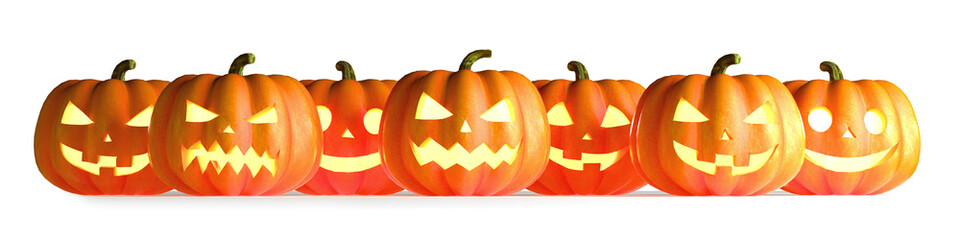 Seven Halloween Pumpkins in a row isolated on white background. 3D Rendering illustration