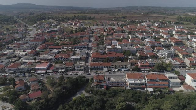 Aerial view of Kallithea village. During the summer, Kallithea is the most popular village in Halkidiki, Greece. 4K