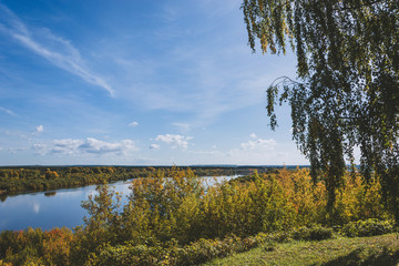 Scenic view of river Vyatka from the top. Autumn landscape. Russian nature.