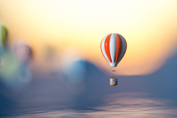 Hot air balloon flying over the ocean, 3d rendering.