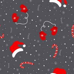 Christmas elements seamless pattern with mittens, candy, santa hat and snowflakes. Traditional design. Vector illustration.