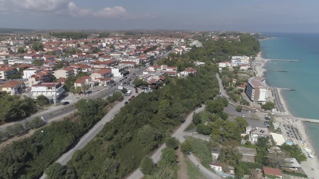 Aerial view of Kallithea village. During the summer, Kallithea is the most popular village in Halkidiki, Greece. 4K