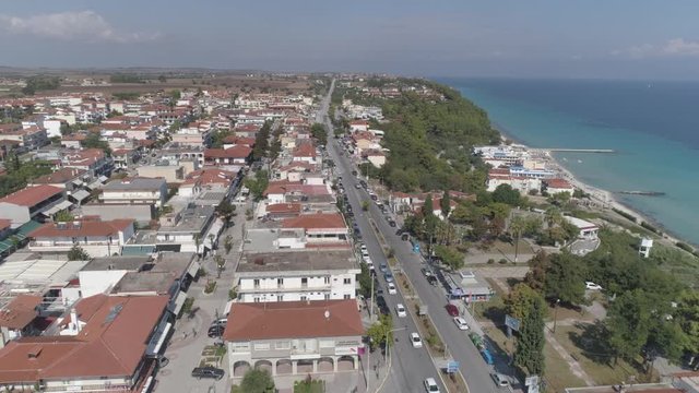 Aerial view of Kallithea village. During the summer, Kallithea is the most popular village in Halkidiki, Greece. 4K