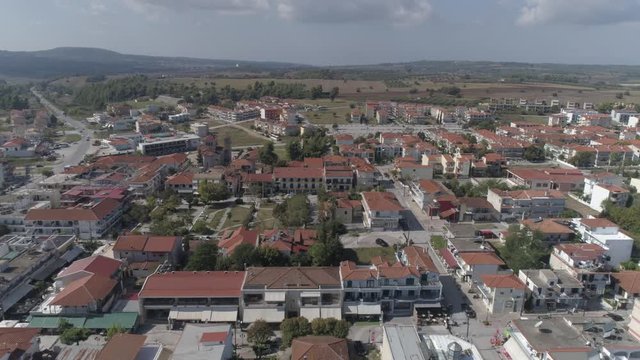 Aerial view of Kallithea village. During the summer, Kallithea is the most popular village in Halkidiki, Greece. 4K