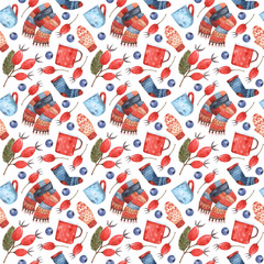 Cute cozy watercolor pattern for Christmas and New Year. Great for design of wrapping paper, cards, holiday design.