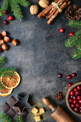 Culinary background with christmas winter spices and ingredients for baking. Top view with copy...