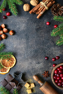 Culinary background with christmas winter spices and ingredients for baking. Top view with copy space.