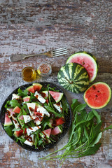 Healthy salad with blue cheese, watermelon and arugula. Healthy food. Keto diet.