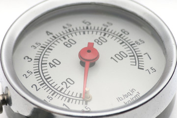 Pressure gauge for measuring air pressure in car tires on a white background