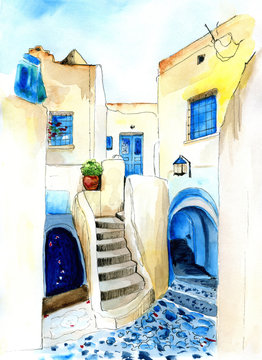 Watercolor illustration of greek street