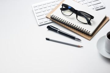 Office desk table with supplies. Flat lay Business workplace and objects. Top view. Copy space for text
