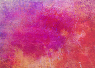 Grunge texture paint splash background in bright purple pink and orange yellow colors, abstract grungy distressed spatter and scratched brush stroke marks in old vintage background
