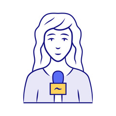 Reporter woman blue color icon. TV presenter, interviewer with microphone. TV hostess. Female journalist taking interview. Newswoman reporting breaking news. Isolated vector illustration
