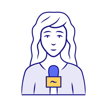 recommend clip art: Reporter woman blue color icon. TV presenter, interviewer with microphone. TV hostess. Female journalist taking interview. Newswoman reporting breaking news. Isolated vector illustration