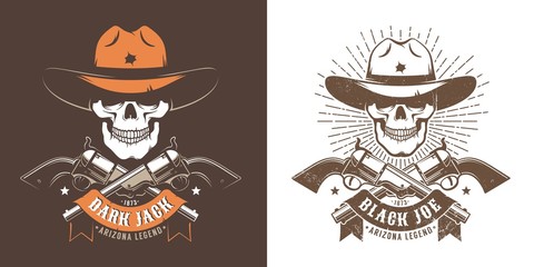Cowboy skull with crossed guns - wild west retro logo. Bandit cowboy skull retro emblem with pistols and ribbon. Vector illustration.