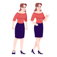 Obraz premium Angry and cheerful woman flat vector illustration. Negative and positive human emotions. Aggressive and playful mood girl isolated cartoon characters with outline elements on white background