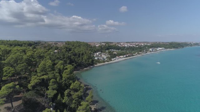 Aerial view of Kallithea village. During the summer, Kallithea is the most popular village in Halkidiki, Greece. 4K