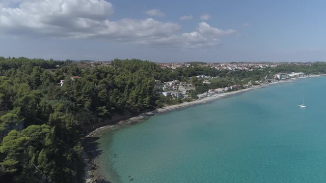 Aerial view of Kallithea village. During the summer, Kallithea is the most popular village in Halkidiki, Greece. 4K