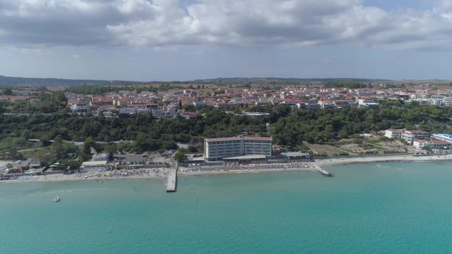 Aerial view of Kallithea village. During the summer, Kallithea is the most popular village in Halkidiki, Greece. 4K
