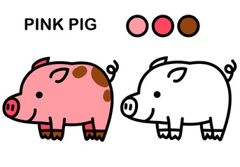 pink pig, coloring book, cute cartoon character, flat style, for children's creativity.