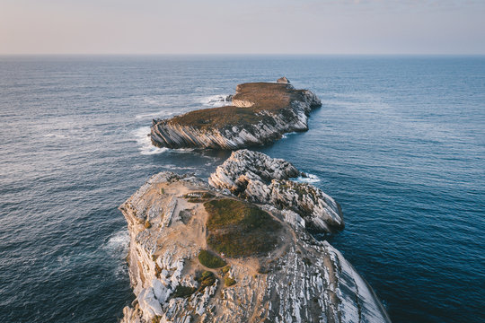 Bird eye view Atlantic ocean Portugal Peniche rocks and cliffs Beleal Islands