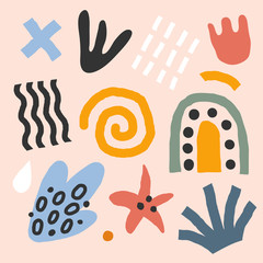 Fototapeta premium Collection of flat hand drawn contemporary abstract vector illustrations. colored abstraction doodles and shapes. Trendy paper cut style. Simple rainbow, foliage and flower drawings.