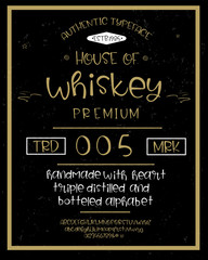 Vintage decorative font  "whiskey" with sample design. Good handcrafted western typeface in vintage style for labels, t-shirts, posters, greeting cards etc. Letters and numbers. Vector illustration