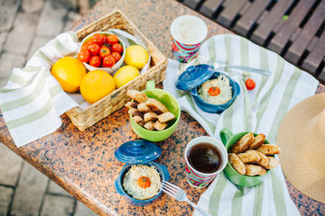 Summer picnic. Basket with food. 