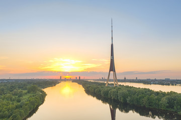 Riga. Latvia. Tv tower on the island of river Daugava