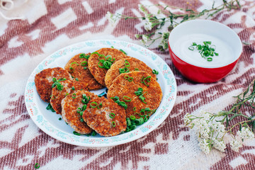 Summer picnic. Basket with food. 